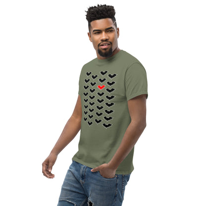 Military green T-shirt with repeating dark bat icons and small red bat accents