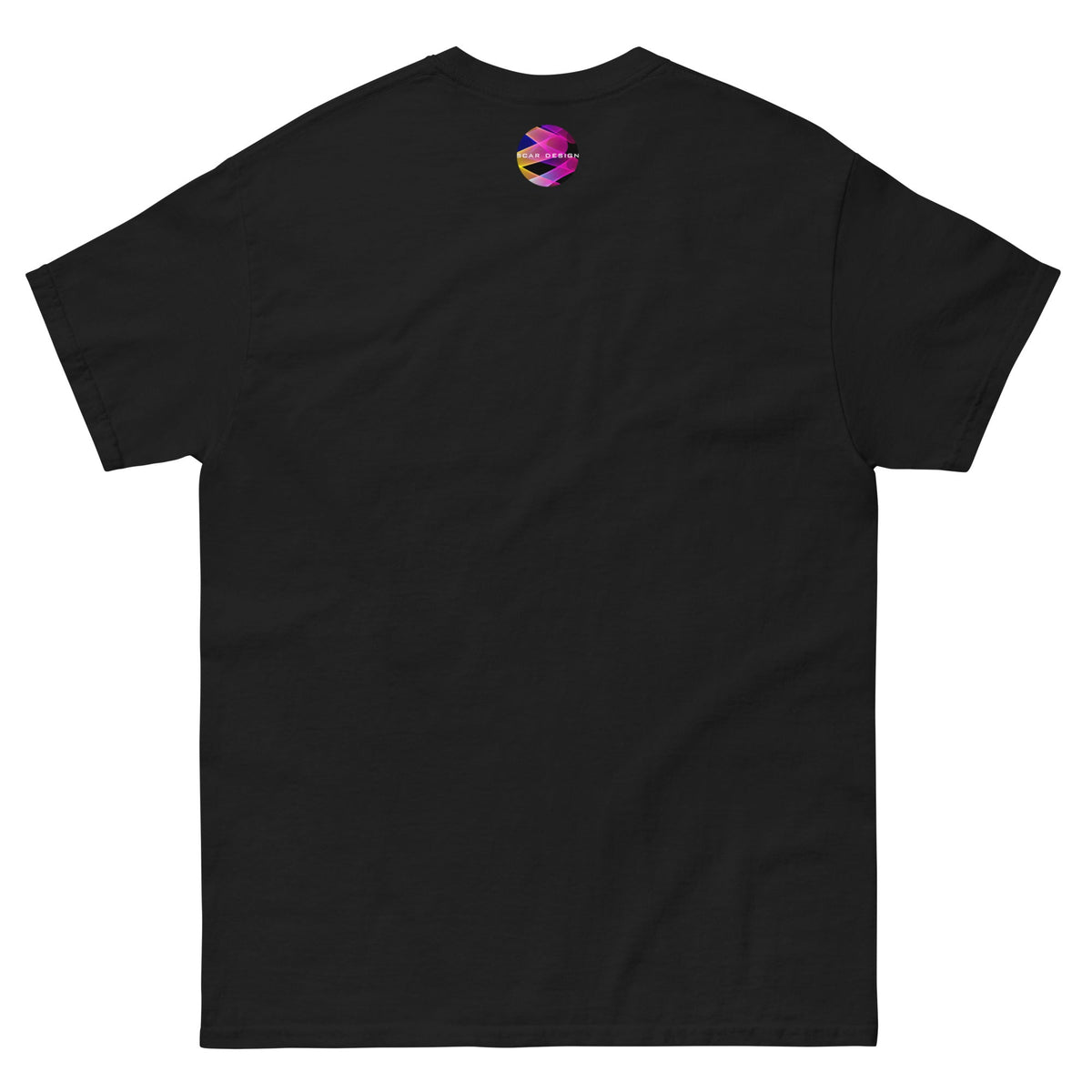 Black T-shirt with a small rainbow bat-shaped logo on the chest