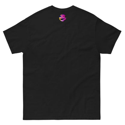 Black T-shirt with a small rainbow bat-shaped logo on the chest