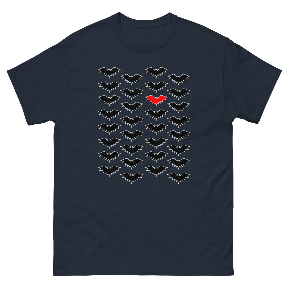 Navy T-shirt with clustered bat graphics in gray and a small red bat at center