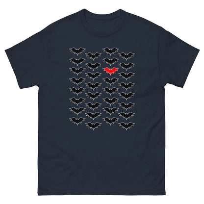 Navy T-shirt with clustered bat graphics in gray and a small red bat at center