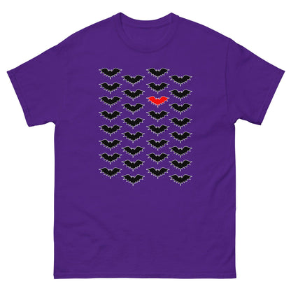 Purple T-shirt with bat cluster print in gray/green tones and a small red bat in center