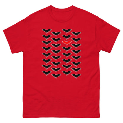 Red T-shirt with black bat silhouette graphic cluster and small red center bat