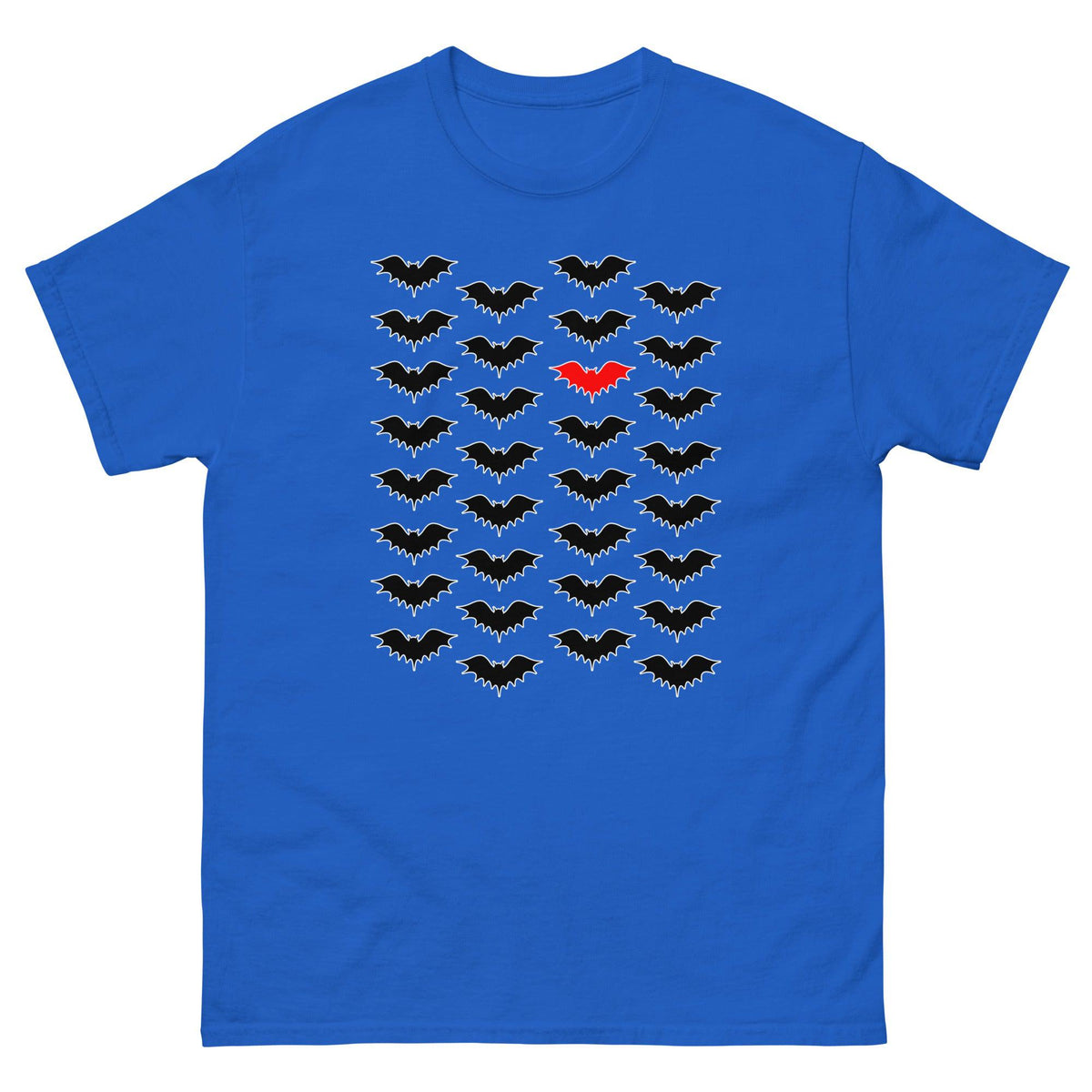 Blue T-shirt with black bat silhouette cluster and red center bat