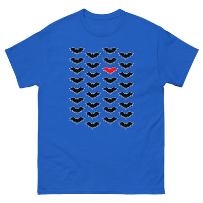 Blue T-shirt with black bat silhouette cluster and red center bat