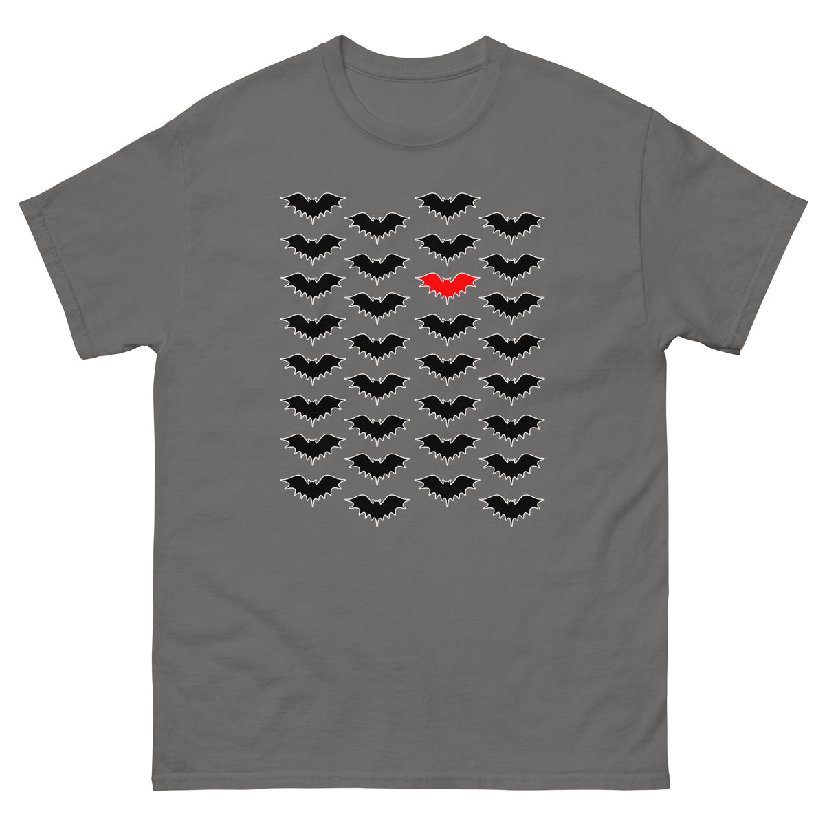 Charcoal T-shirt with black bat silhouette graphic cluster and red center bat
