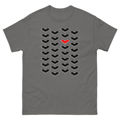 Charcoal T-shirt with black bat silhouette graphic cluster and red center bat