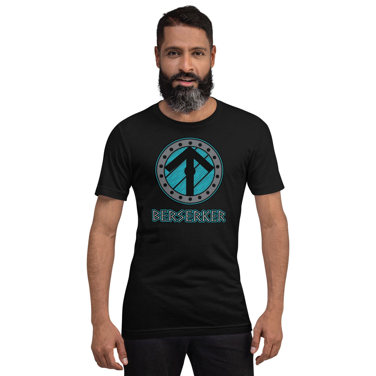 Black crew-neck t-shirt with circular Berserker Viking graphic and text on front