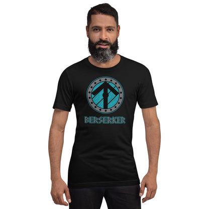 Black crew-neck t-shirt with circular Berserker Viking graphic and text on front