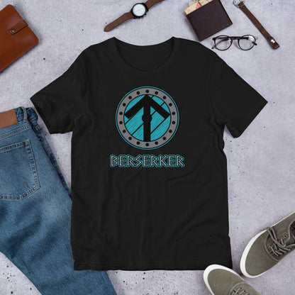 Black crew-neck t-shirt with circular Berserker Viking graphic and text print
