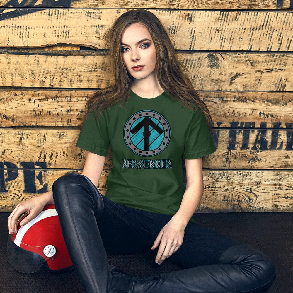 Forest green crew-neck t-shirt with circular Berserker Viking graphic print