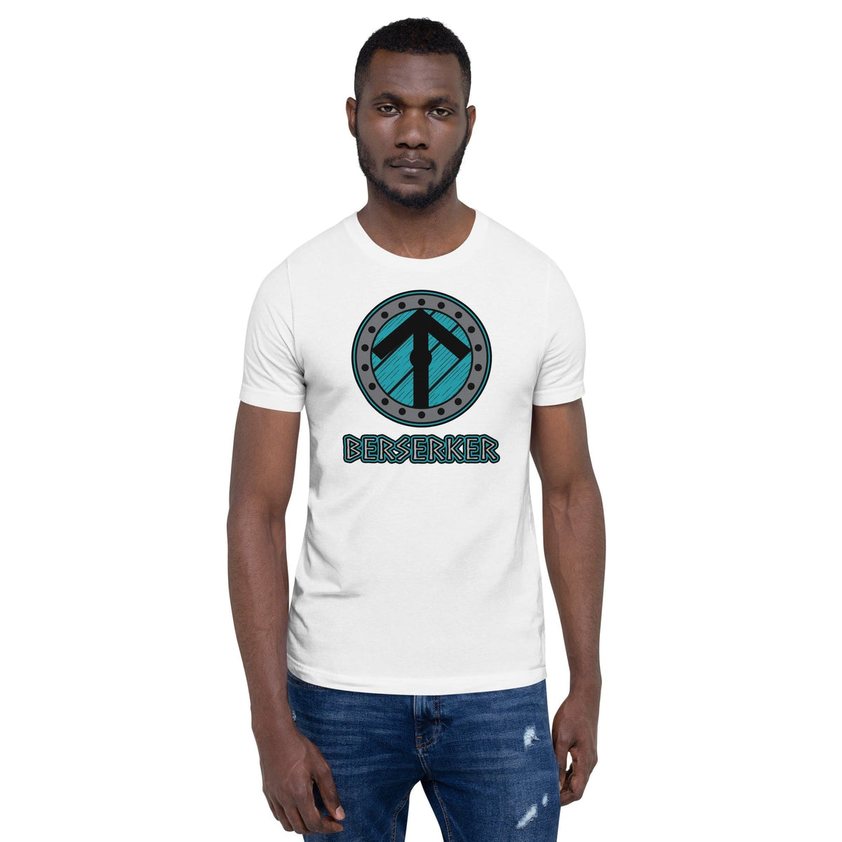 White crew-neck t-shirt with circular Berserker Viking graphic print on front
