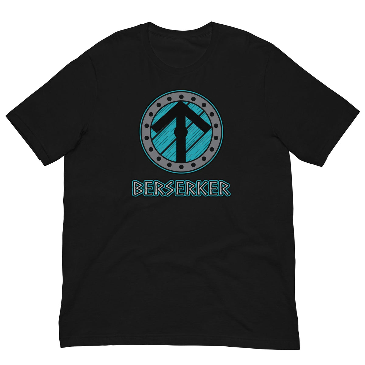 Black crew-neck t-shirt with circular Berserker Viking graphic print on front