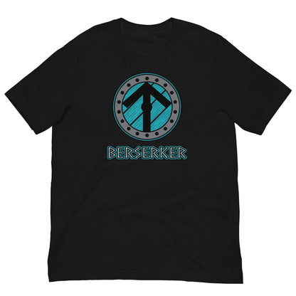 Black crew-neck t-shirt with circular Berserker Viking graphic print on front