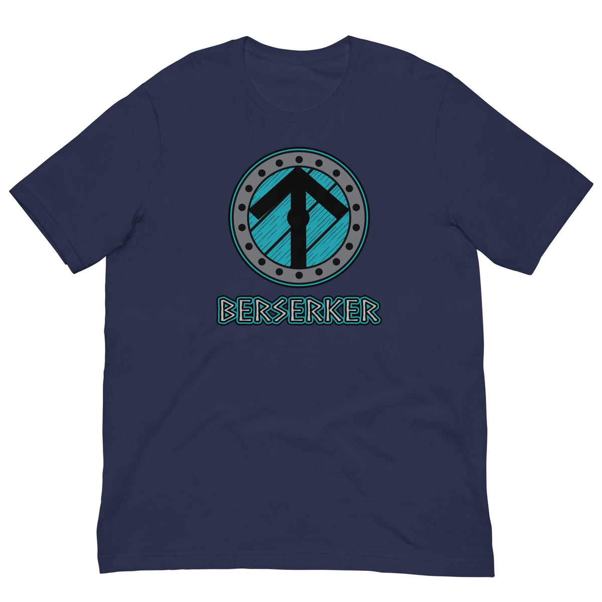 Navy crew-neck Viking T-shirt with circular axe graphic and 'BERSERKER' text