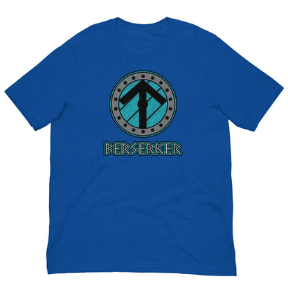 Royal blue crew-neck Viking T-shirt with circular axe graphic and 'BERSERKER' text