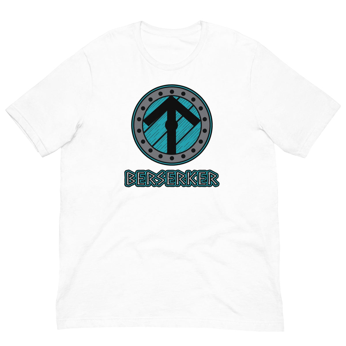 White crew-neck Viking T-shirt with circular axe graphic and 'BERSERKER' text
