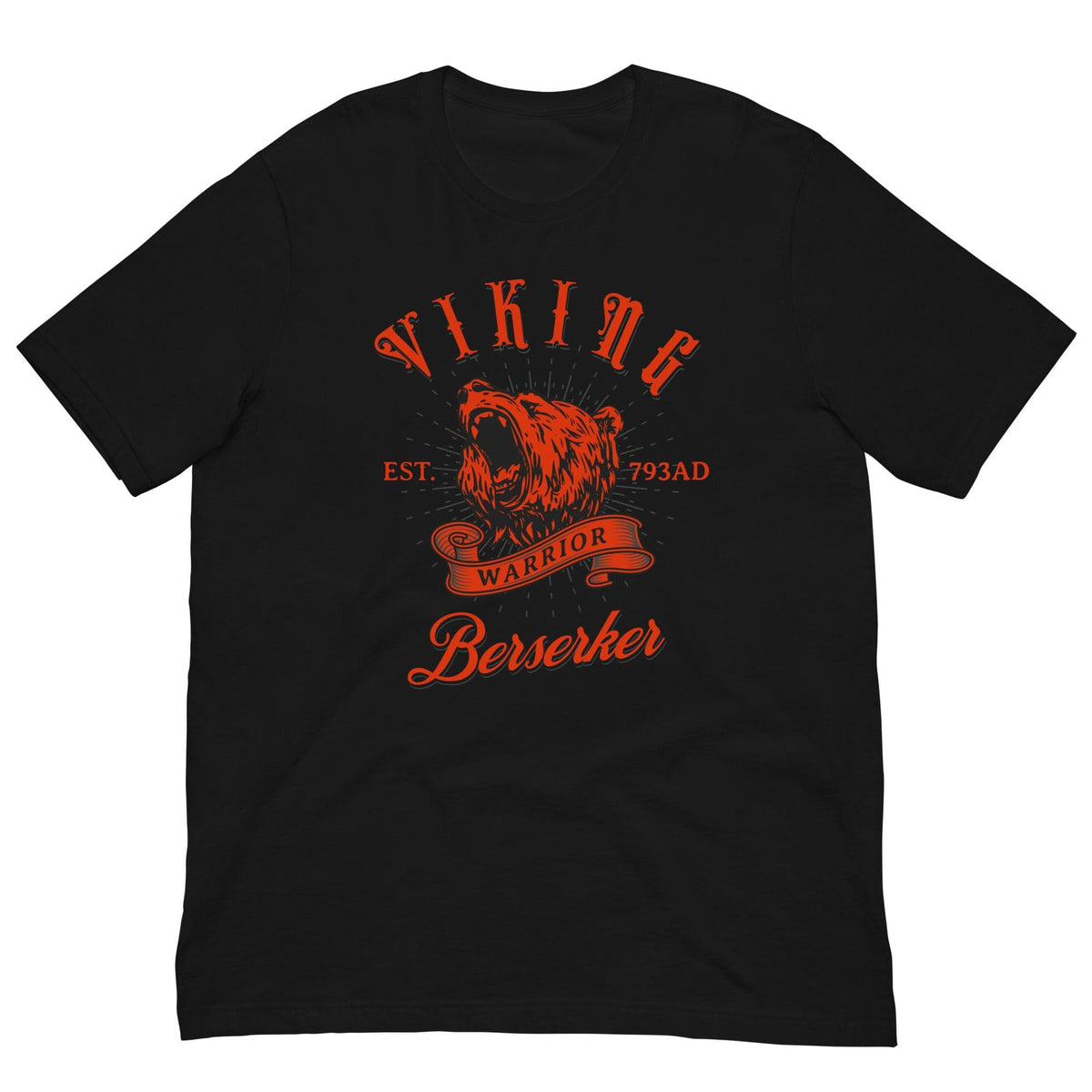 Black Viking Warrior T-shirt with red wolf head and “Berserker” logo print