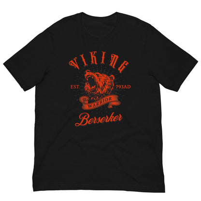 Black Viking Warrior T-shirt with red wolf head and “Berserker” logo print