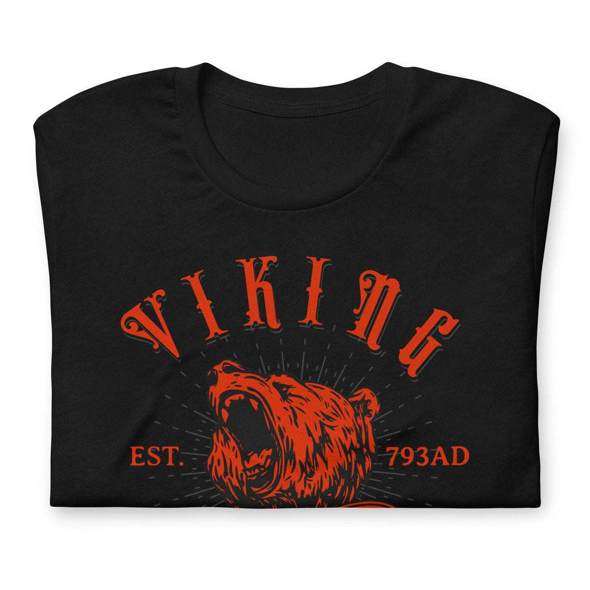Black warrior T-shirt with red bear graphic and text, crew neck short sleeves
