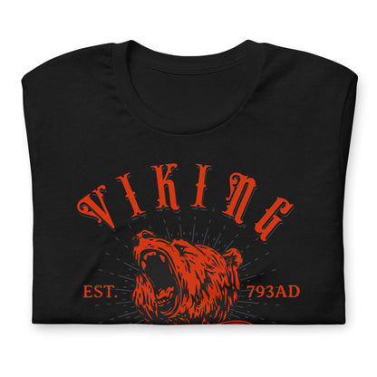 Black warrior T-shirt with red bear graphic and text, crew neck short sleeves