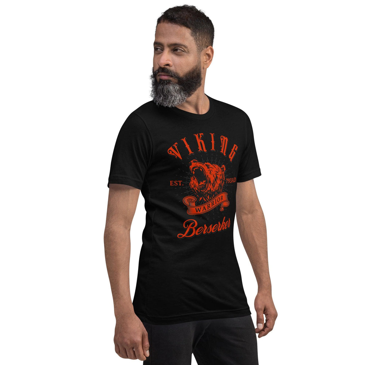 Black Viking Warrior T-shirt with red wolf head chest graphic and “Berserker”