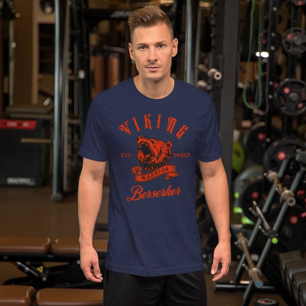 True Royal blue Viking Warrior T-shirt with red wolf head and “Berserker” print