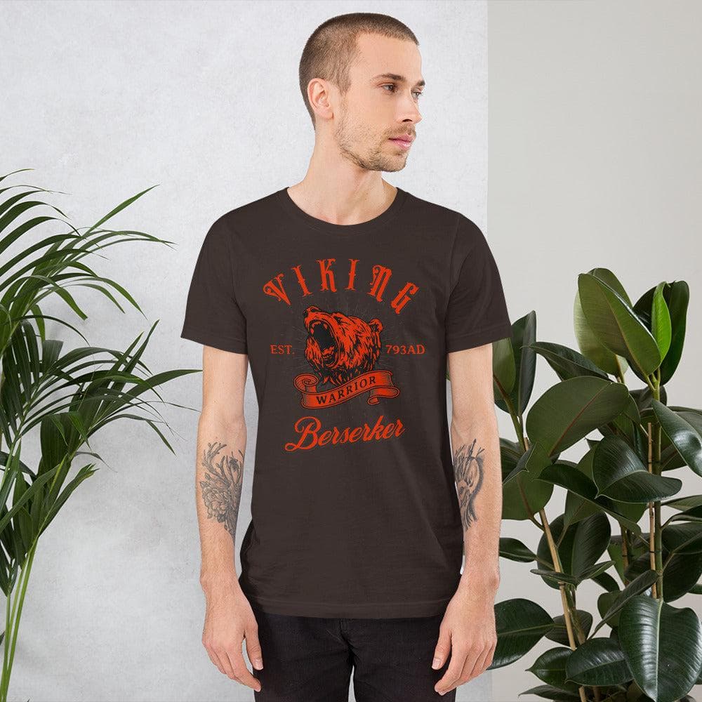Brown Viking Warrior T-shirt with red wolf head graphic and “Berserker” text