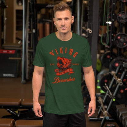 Forest green Viking Warrior T-shirt with red wolf head and “Berserker” print