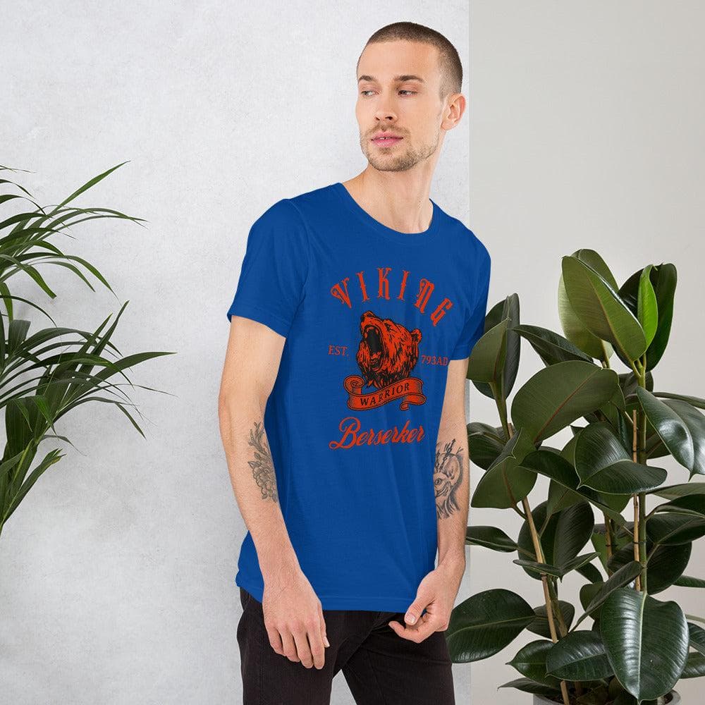 True Royal blue Viking Warrior T-shirt with red wolf head and “Berserker” print