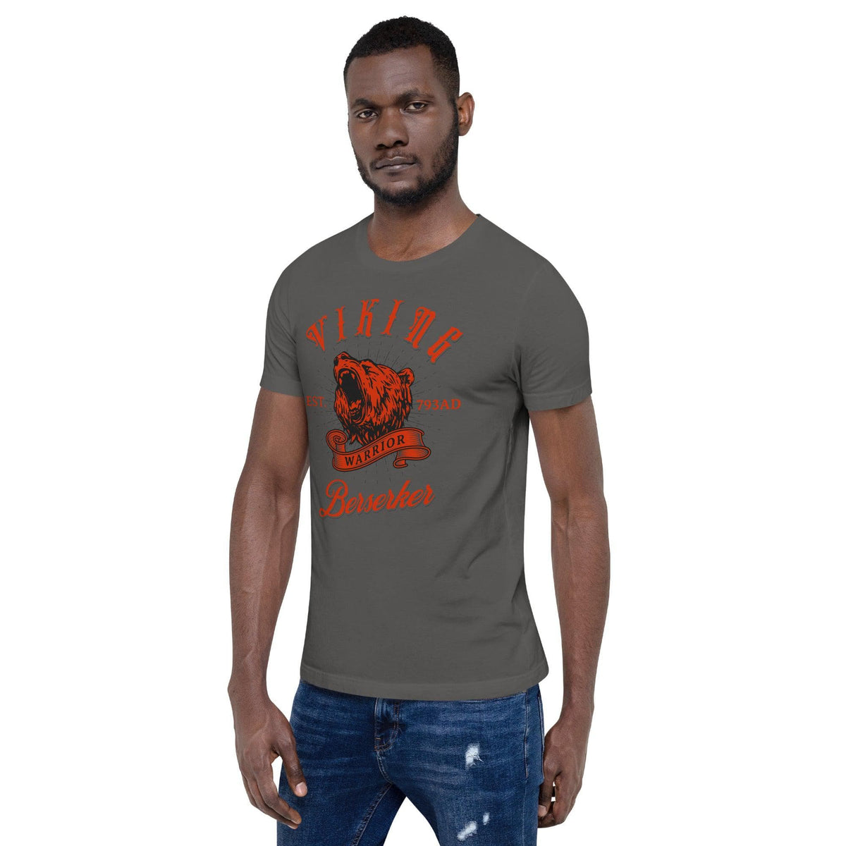 Asphalt gray Viking Warrior T-shirt with red wolf head chest graphic