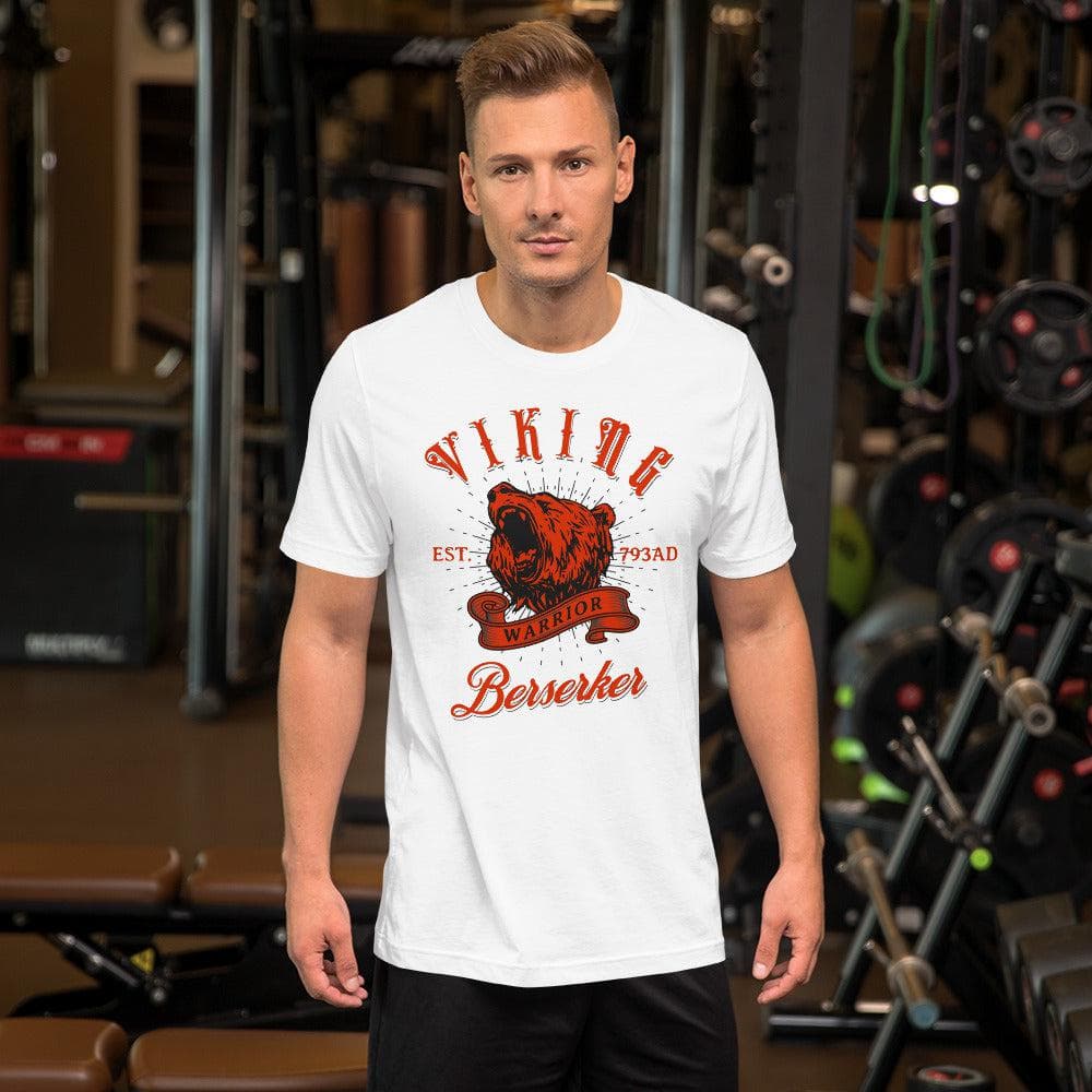 White Viking Warrior T-shirt with red wolf head and “Berserker” logo print