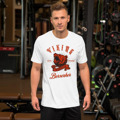 White Viking Warrior T-shirt with red wolf head and “Berserker” logo print