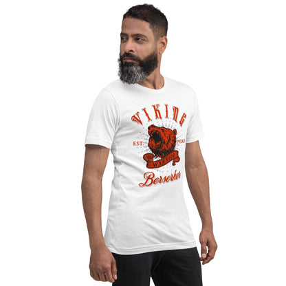 White warrior T-shirt on male model, red bear graphic and 'Berserker' text, crew neck