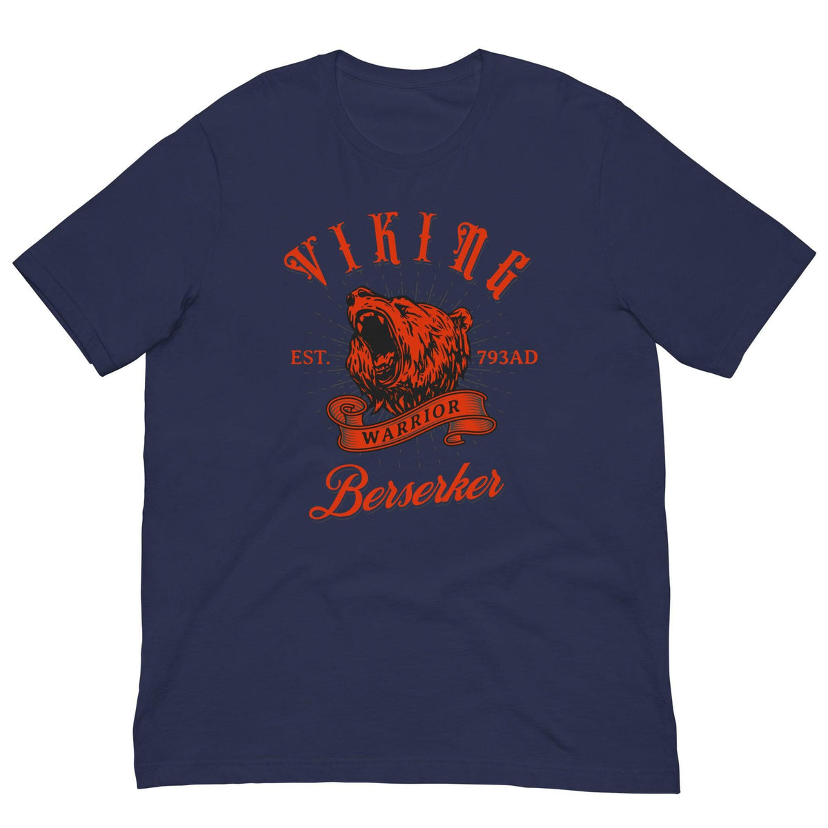 Navy warrior T-shirt with red bear head graphic and 'Berserker' text, crew neck