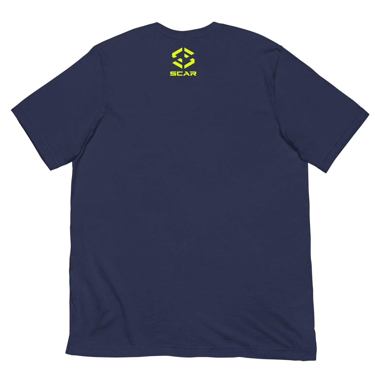 Navy warrior T-shirt with small yellow SCAR logo on back, crew neck short sleeves