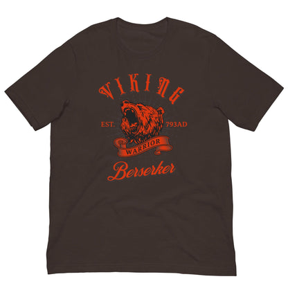 Brown warrior T-shirt with red bear head graphic and 'Berserker' text, crew neck