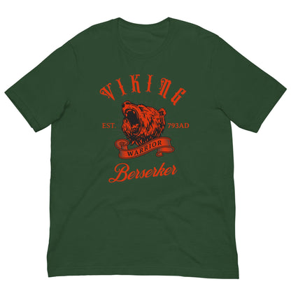 Forest green warrior T-shirt with red bear head graphic and 'Berserker' text, crew neck