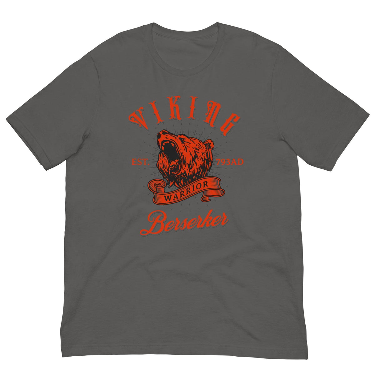 Asphalt gray warrior T-shirt with red bear head graphic and 'Berserker' text, crew neck