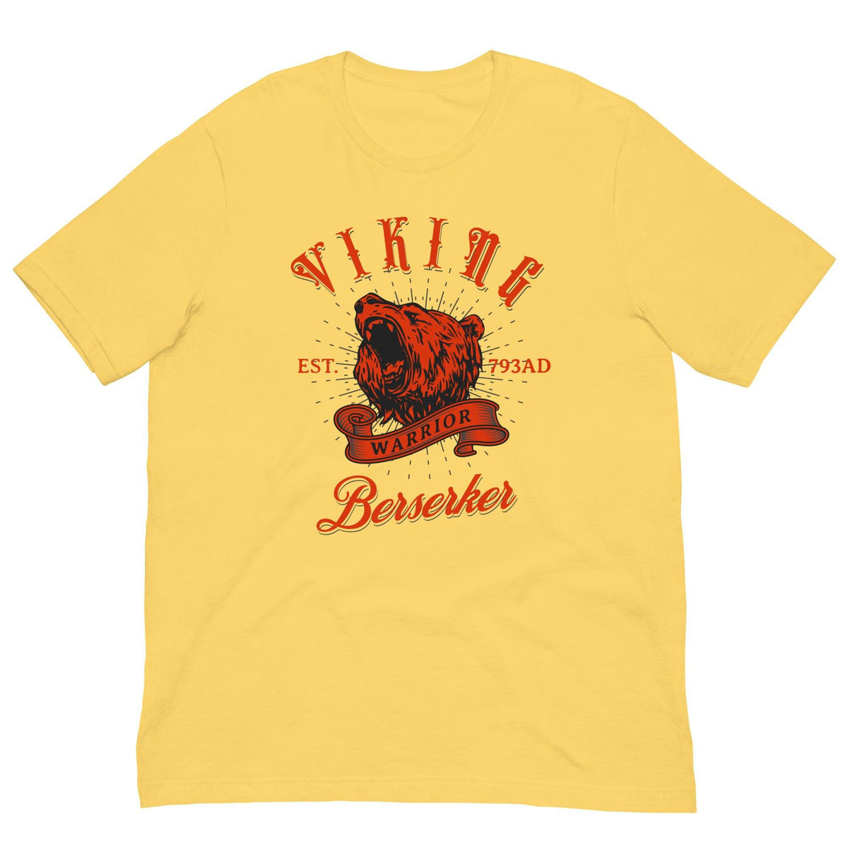 Yellow warrior T-shirt with red bear head graphic and 'Berserker' text, crew neck