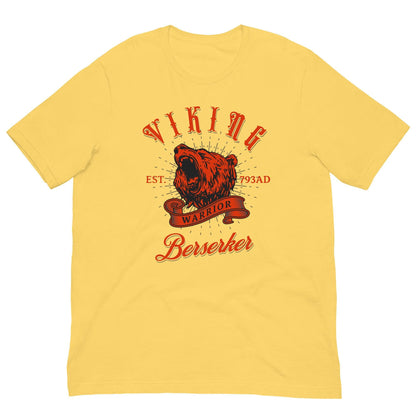 Yellow warrior T-shirt with red bear head graphic and 'Berserker' text, crew neck