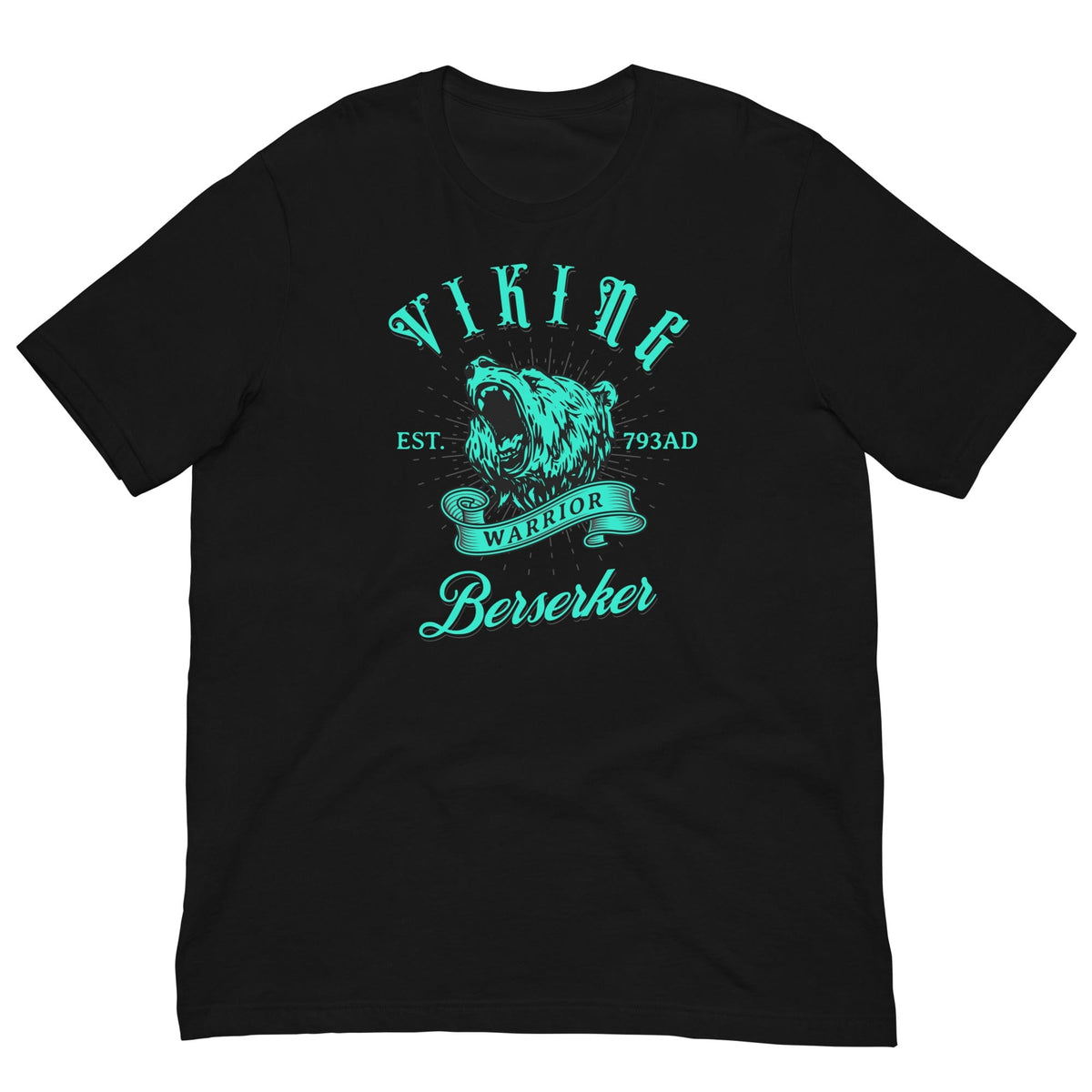 Black T-shirt with teal Viking warrior graphic and 'Berserker' front print
