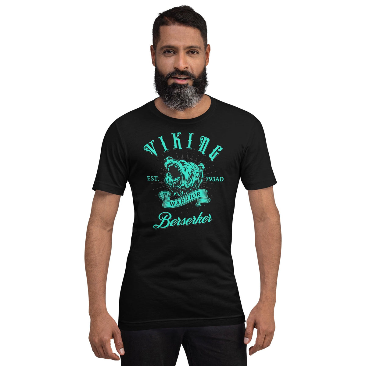 Black T-shirt with teal Viking warrior crest and 'Berserker' front graphic