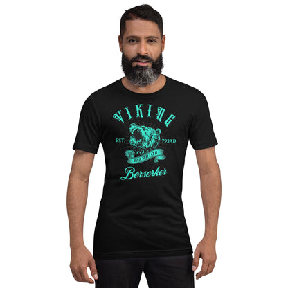 Black T-shirt with teal Viking warrior crest and 'Berserker' front graphic