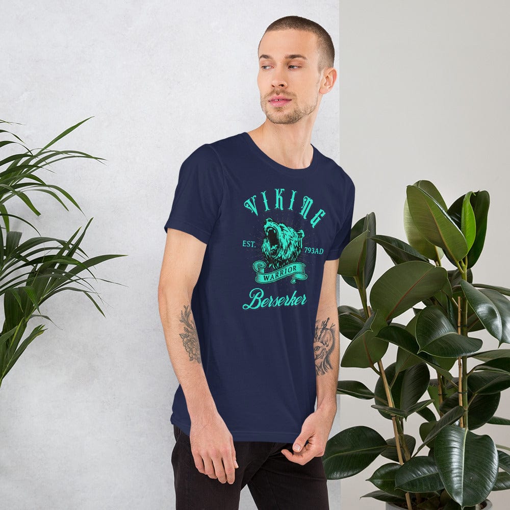 Navy T-shirt with teal Viking warrior crest and 'Berserker' front print