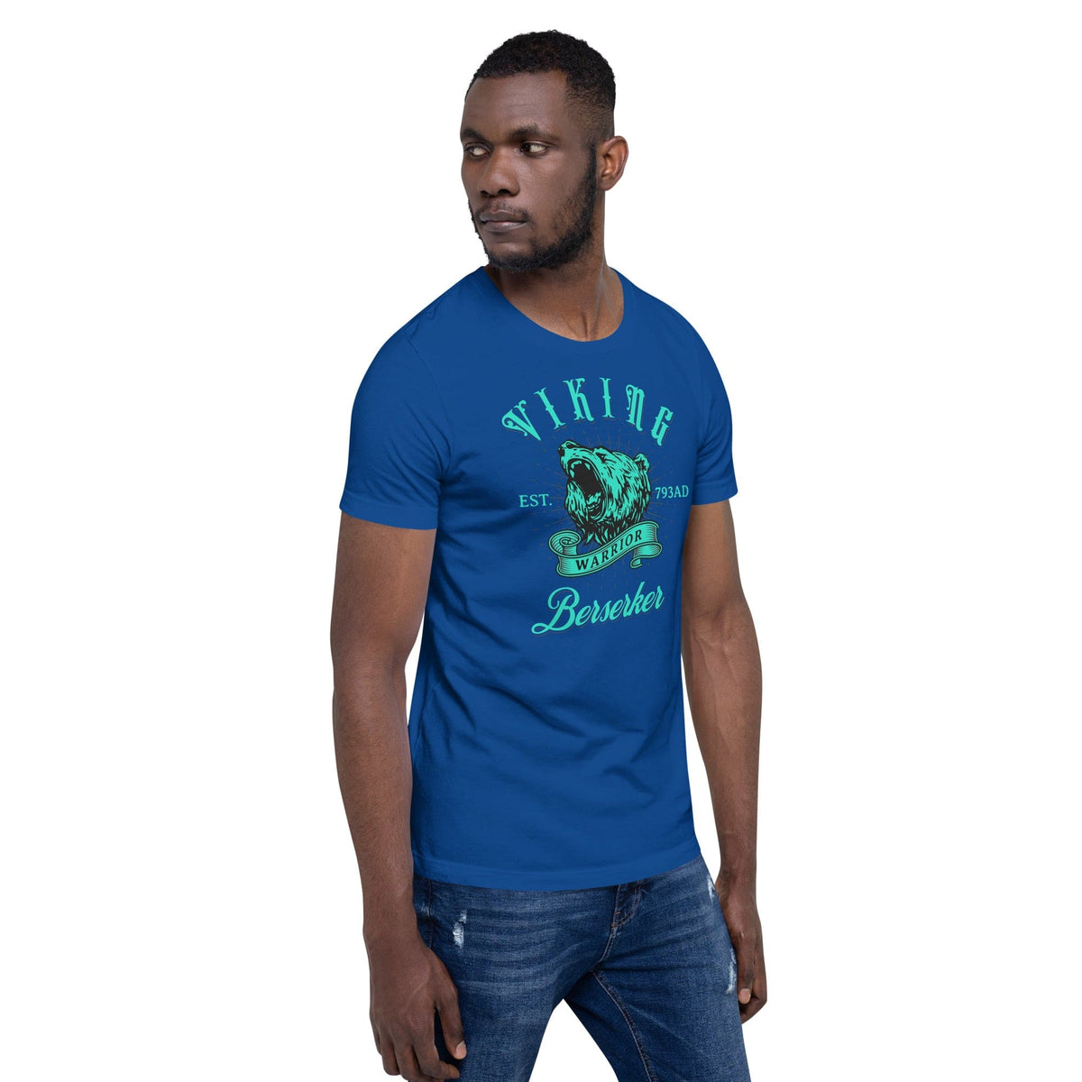True royal blue T-shirt with teal Viking warrior crest and 'Berserker' front print