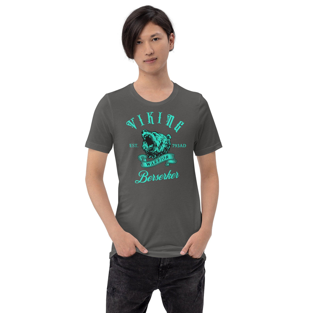 Asphalt gray T-shirt with teal Viking warrior crest and 'Berserker' front graphic