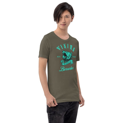 Army green T-shirt with teal Viking warrior crest and 'Berserker' front graphic