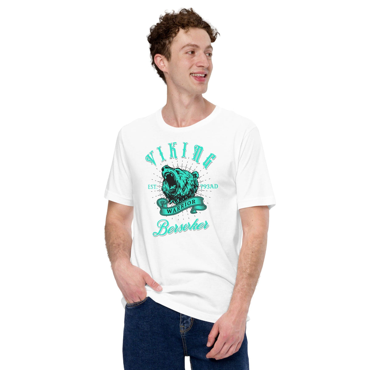 White T-shirt with teal Viking warrior logo and 'Berserker' front graphic