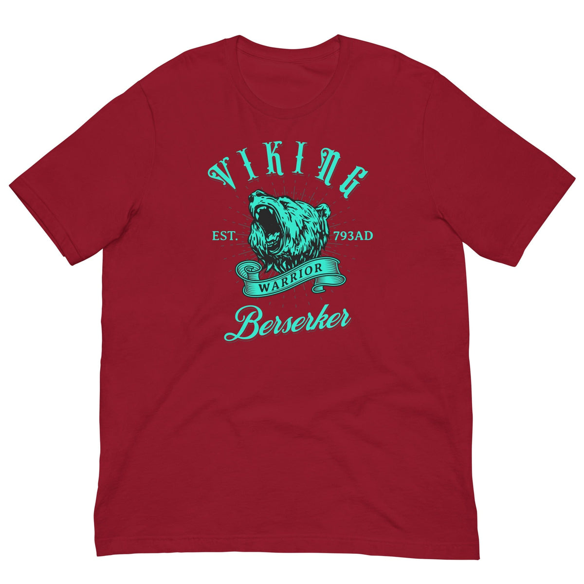 Cardinal red T-shirt with teal Viking warrior crest and 'Berserker' front print